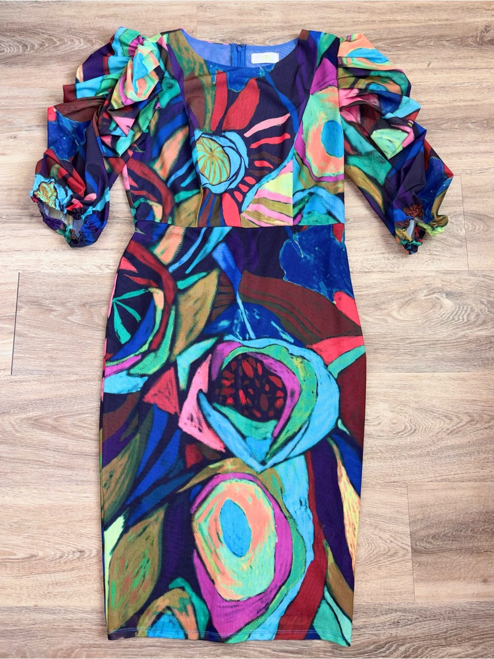 Vibrant Multicolor Floral Sheath Dress. Size: Large